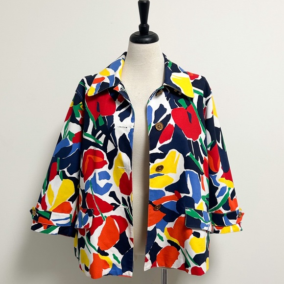 Ralph Lauren Floral Watercolor Red White Yellow Blue Button 3/4 Sleeve Jacket 2X - Picture 2 of 11